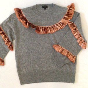 J. Crew Cashmere Gray Crewneck w/Rose Gold Metallic Fringe Sz S